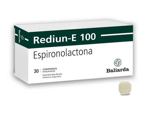 Rediun-E_100_30.png Rediun-E Espironolactona aldosterona Antiandrógeno diurético. Espironolactona Insuficiencia cardíaca Rediun-E