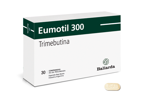 Eumotil_300_30.png Eumotil Trimebutina Eumotil dolor abdominal constipación diarrea antiespasmódico mala digestión nauseas Motilidad gastrointestinal Síndrome de colon irritable Trimebutina