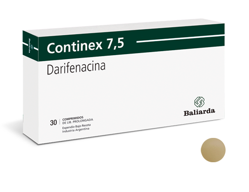Continex_7,5_10.png Continex Darifenacina Continex Darifenacina antiespasmódico antimuscarino M3 anticolinergico incontinencia urinaria síndrome de vejiga hiperactiva vejiga irritable